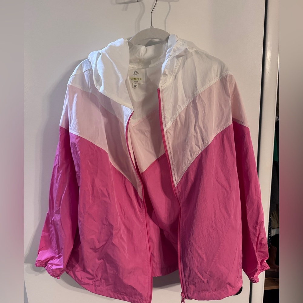 Aerie Pink and White Windbreaker Jacket with Hood